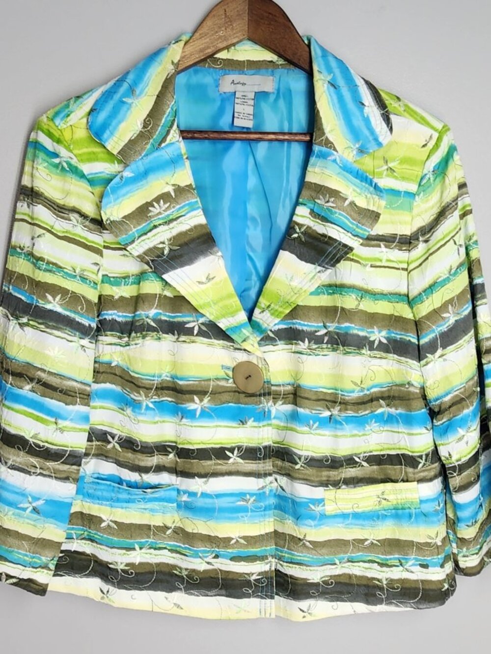 Analogy Embroidered Crinkle Stripe Blazer Jacket Artsy Boho Tropical Size L